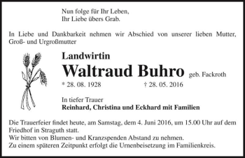 Traueranzeige von Waltraud Buhro (geb. Fackroth)  von Magdeburger Volksstimme