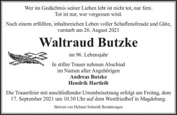 Traueranzeige von Waltraud Butzke  von Magdeburger Volksstimme