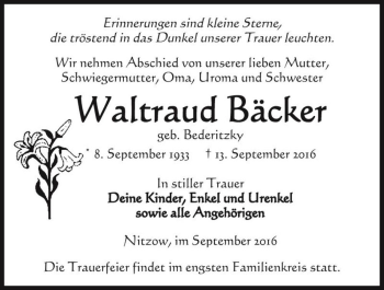 Traueranzeige von Waltraud Bäcker (geb. Bederitzky)  von Magdeburger Volksstimme