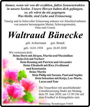 Traueranzeige von Waltraud Bänecke ( geb. Achtermann, gen. Brandt)  von Magdeburger Volksstimme