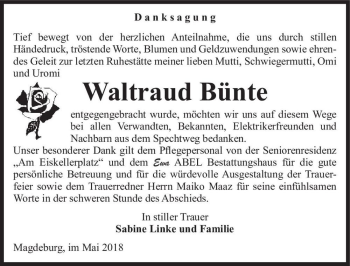 Traueranzeige von Waltraud Bünte  von Magdeburger Volksstimme