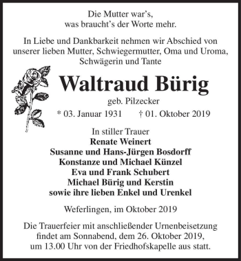 Traueranzeige von Waltraud Bürig (geb. Pilzecker)  von Magdeburger Volksstimme