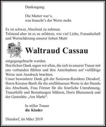 Traueranzeige von Waltraud Cassau  von Magdeburger Volksstimme