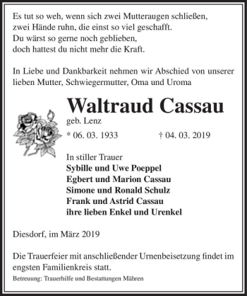 Traueranzeige von Waltraud Cassau (geb. Lenz)  von Magdeburger Volksstimme