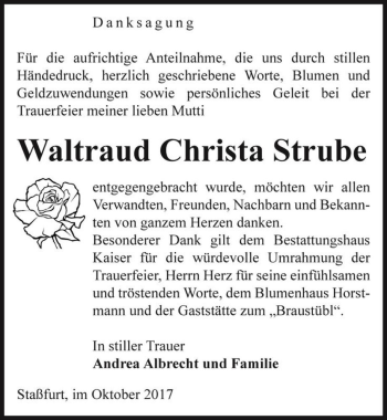 Traueranzeige von Waltraud Christa Strube  von Magdeburger Volksstimme