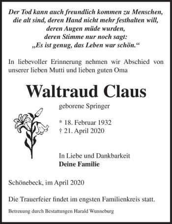Traueranzeige von Waltraud Claus (geb. Springer)  von Magdeburger Volksstimme