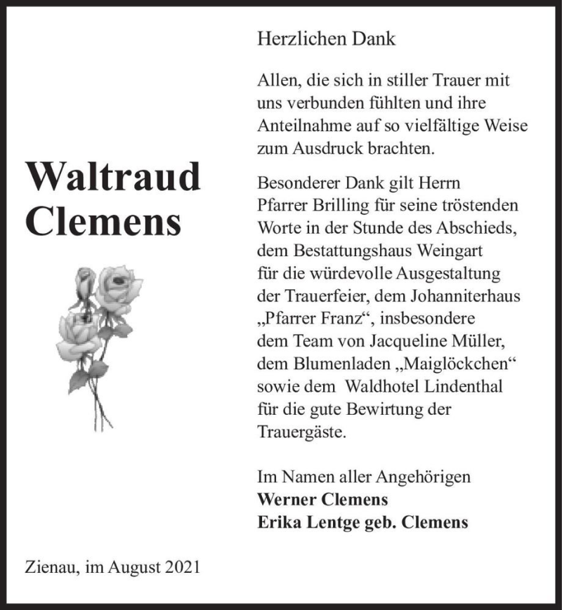  Traueranzeige für Waltraud Clemens  vom 27.08.2021 aus Magdeburger Volksstimme