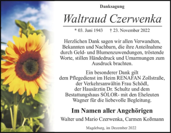 Traueranzeige von Waltraud Czerwenka  von Magdeburger Volksstimme