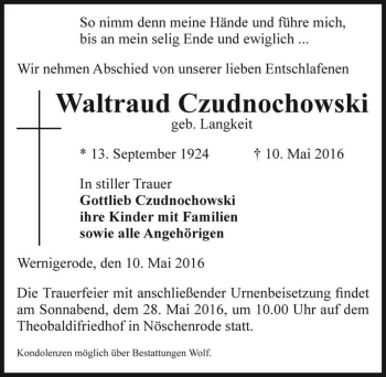 Traueranzeige von Waltraud Czudnochowski (geb. Langkeit)  von Magdeburger Volksstimme