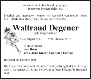 Traueranzeige von Waltraud Degener (geb. Magenheimer)  von Magdeburger Volksstimme