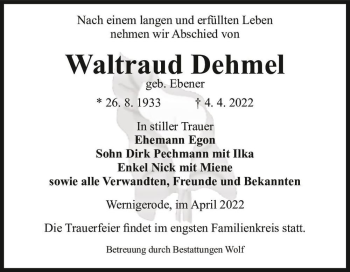 Traueranzeige von Waltraud Dehmel (geb. Ebener)  von Magdeburger Volksstimme