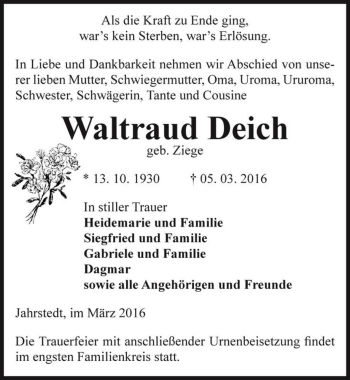 Traueranzeige von Waltraud Deich (geb. Ziege)  von Magdeburger Volksstimme
