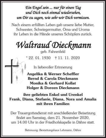 Traueranzeige von Waltraud Dieckmann (geb. Fahrenfeld)  von Magdeburger Volksstimme