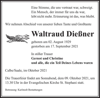 Traueranzeige von Waltraud Dießner  von Magdeburger Volksstimme