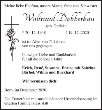 Traueranzeige von Waltraud Dobberkau (geb. Gericke)  von Magdeburger Volksstimme