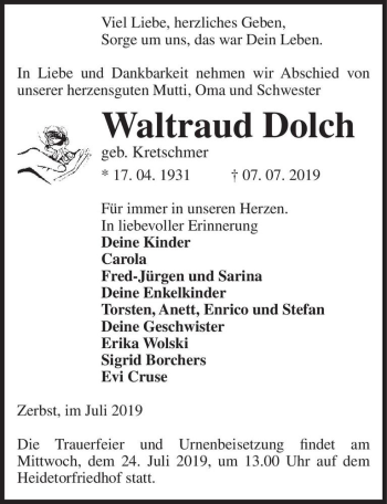 Traueranzeige von Waltraud Dolch (geb. Kretschmer)  von Magdeburger Volksstimme
