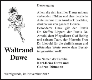 Traueranzeige von Waltraud Duwe  von Magdeburger Volksstimme