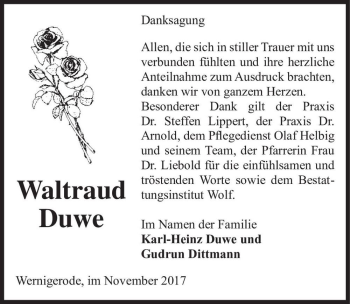 Traueranzeige von Waltraud Duwe  von Magdeburger Volksstimme