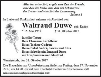 Traueranzeige von Waltraud Duwe (geb. Raabe)  von Magdeburger Volksstimme
