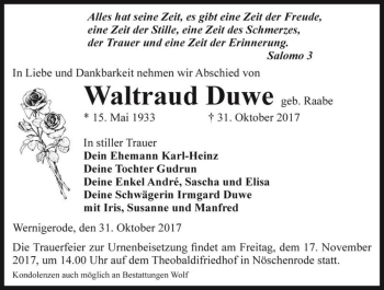 Traueranzeige von Waltraud Duwe (geb. Raabe)  von Magdeburger Volksstimme