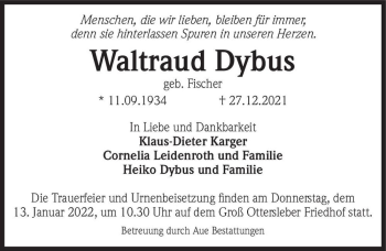 Traueranzeige von Waltraud Dybus (geb. Fischer)  von Magdeburger Volksstimme