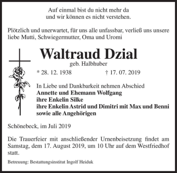 Traueranzeige von Waltraud Dzial (geb. Halbhuber)  von Magdeburger Volksstimme