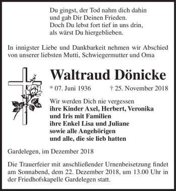 Traueranzeige von Waltraud Dönicke  von Magdeburger Volksstimme