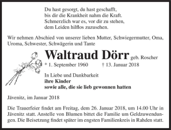 Traueranzeige von Waltraud Dörr (geb. Roscher)  von Magdeburger Volksstimme