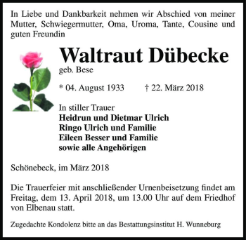 Traueranzeige von Waltraud Dübecke (geb. Bese)  von Magdeburger Volksstimme