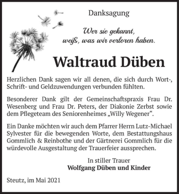 Traueranzeige von Waltraud Düben  von Magdeburger Volksstimme