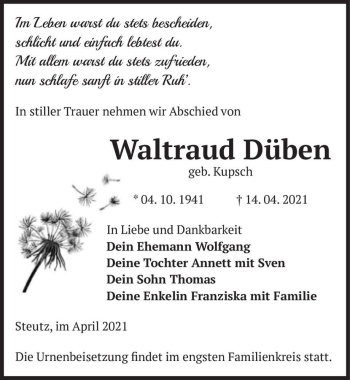Traueranzeige von Waltraud Düben (geb. Kupsch)  von Magdeburger Volksstimme
