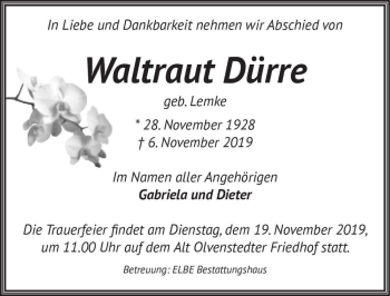 Traueranzeige von Waltraud Dürre (geb. Lemke)  von Magdeburger Volksstimme
