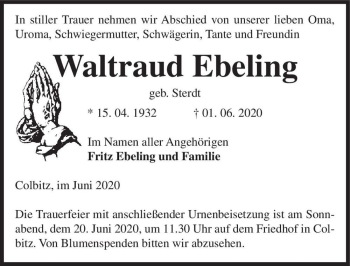 Traueranzeige von Waltraud Ebeling (geb. Sterdt)  von Magdeburger Volksstimme