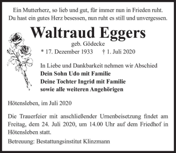Traueranzeige von Waltraud Eggers (geb. Gödecke)  von Magdeburger Volksstimme