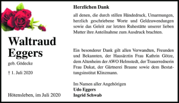 Traueranzeige von Waltraud Eggers (geb. Gödecke)  von Magdeburger Volksstimme