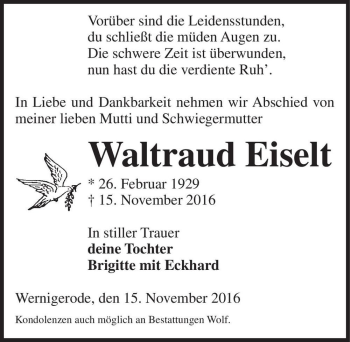 Traueranzeige von Waltraud Eiselt  von Magdeburger Volksstimme