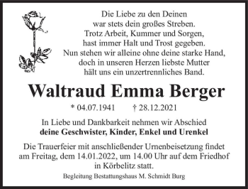 Traueranzeige von Waltraud Emma Berger  von Magdeburger Volksstimme