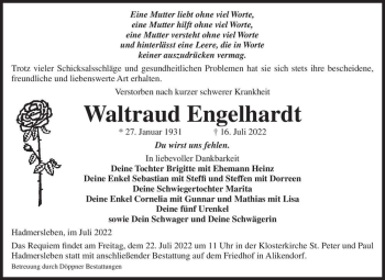 Traueranzeige von Waltraud Engelhardt  von Magdeburger Volksstimme