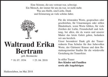 Traueranzeige von Waltraud Erika Bertram (geb. Brennecke)  von Magdeburger Volksstimme