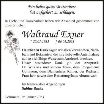 Traueranzeige von Waltraud Exner  von Magdeburger Volksstimme
