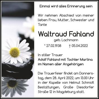 Traueranzeige von Waltraud Fahland (geb. Lachmann)  von Magdeburger Volksstimme