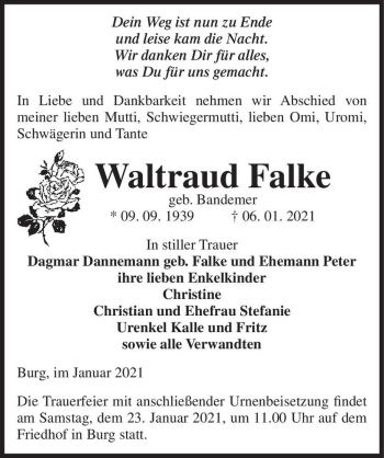 Traueranzeige von Waltraud Falke (geb. Bandemer)  von Magdeburger Volksstimme
