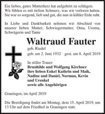 Traueranzeige von Waltraud Fauter (geb. Riedel)  von Magdeburger Volksstimme