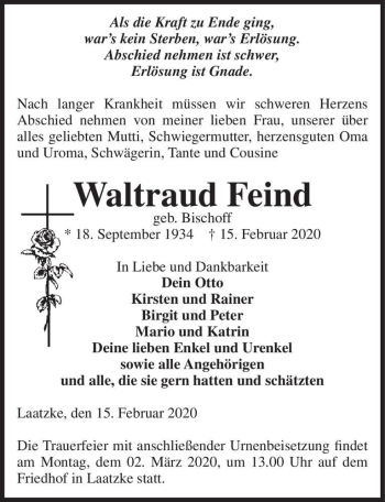 Traueranzeige von Waltraud Feind (geb. Bischoff)  von Magdeburger Volksstimme