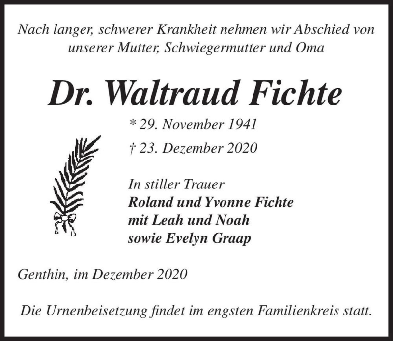  Traueranzeige für Waltraud Fichte  vom 02.01.2021 aus Magdeburger Volksstimme