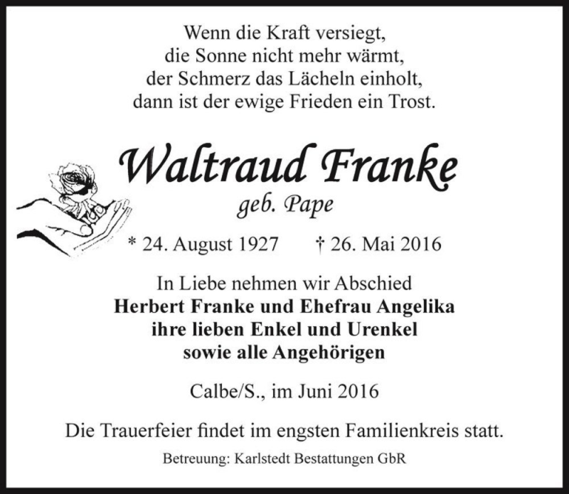  Traueranzeige für Waltraud Franke (geb. Pape)  vom 04.06.2016 aus Magdeburger Volksstimme