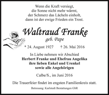 Traueranzeige von Waltraud Franke (geb. Pape)  von Magdeburger Volksstimme