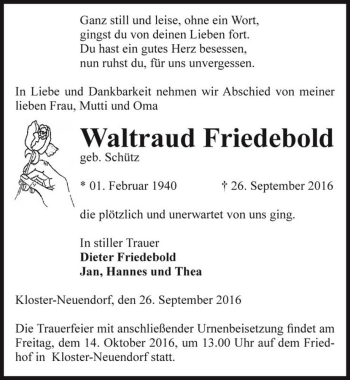 Traueranzeige von Waltraud Friedebold (geb. Schütz)  von Magdeburger Volksstimme