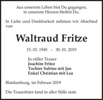 Traueranzeige von Waltraud Fritze  von Magdeburger Volksstimme