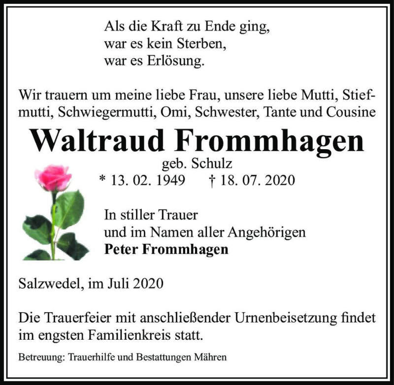  Traueranzeige für Waltraud Frommhagen (geb. Schulz)  vom 21.07.2020 aus Magdeburger Volksstimme